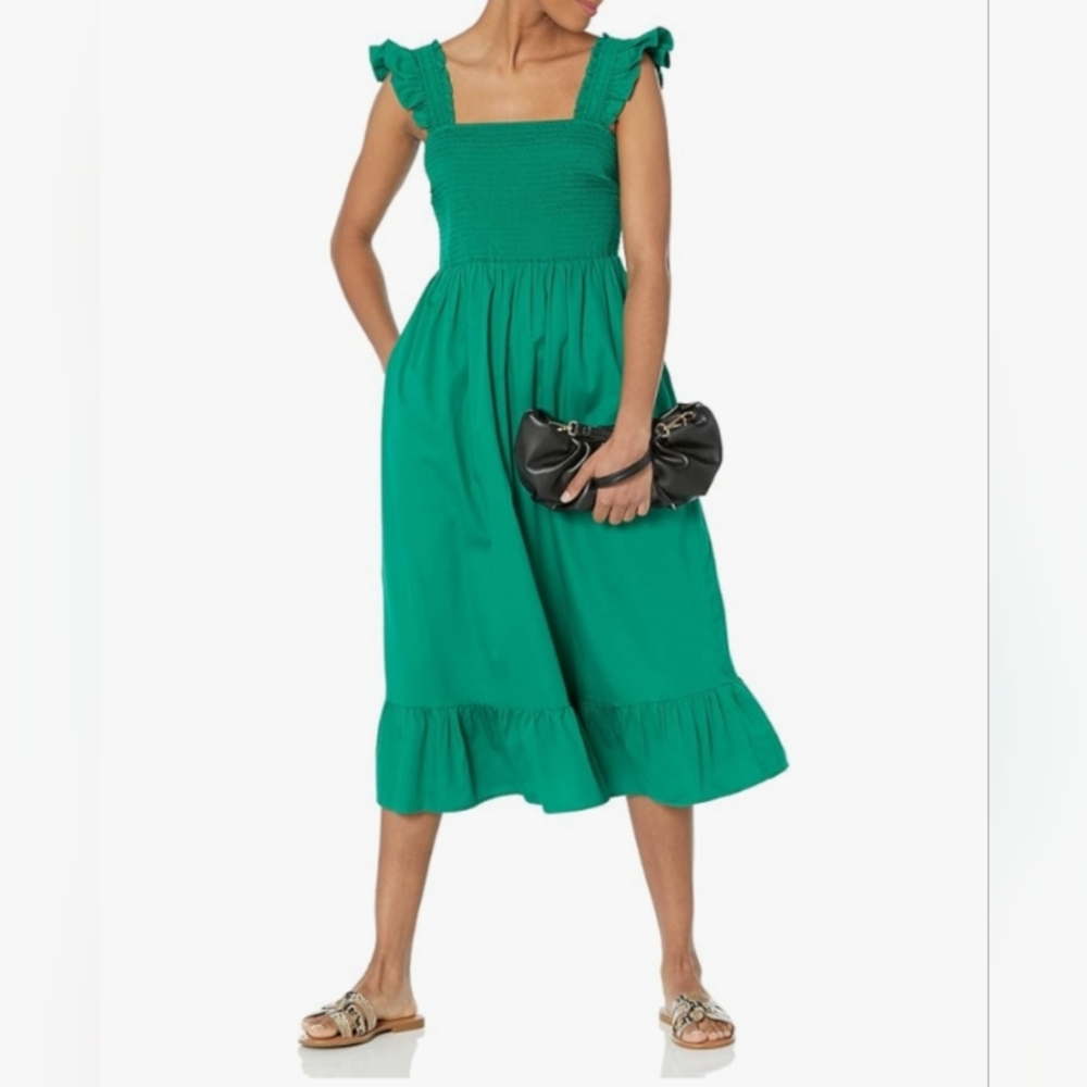 The Drop Ultramarine Green Kimi Ruffled Shoulder Smocked Midi Dress Size XL NWT